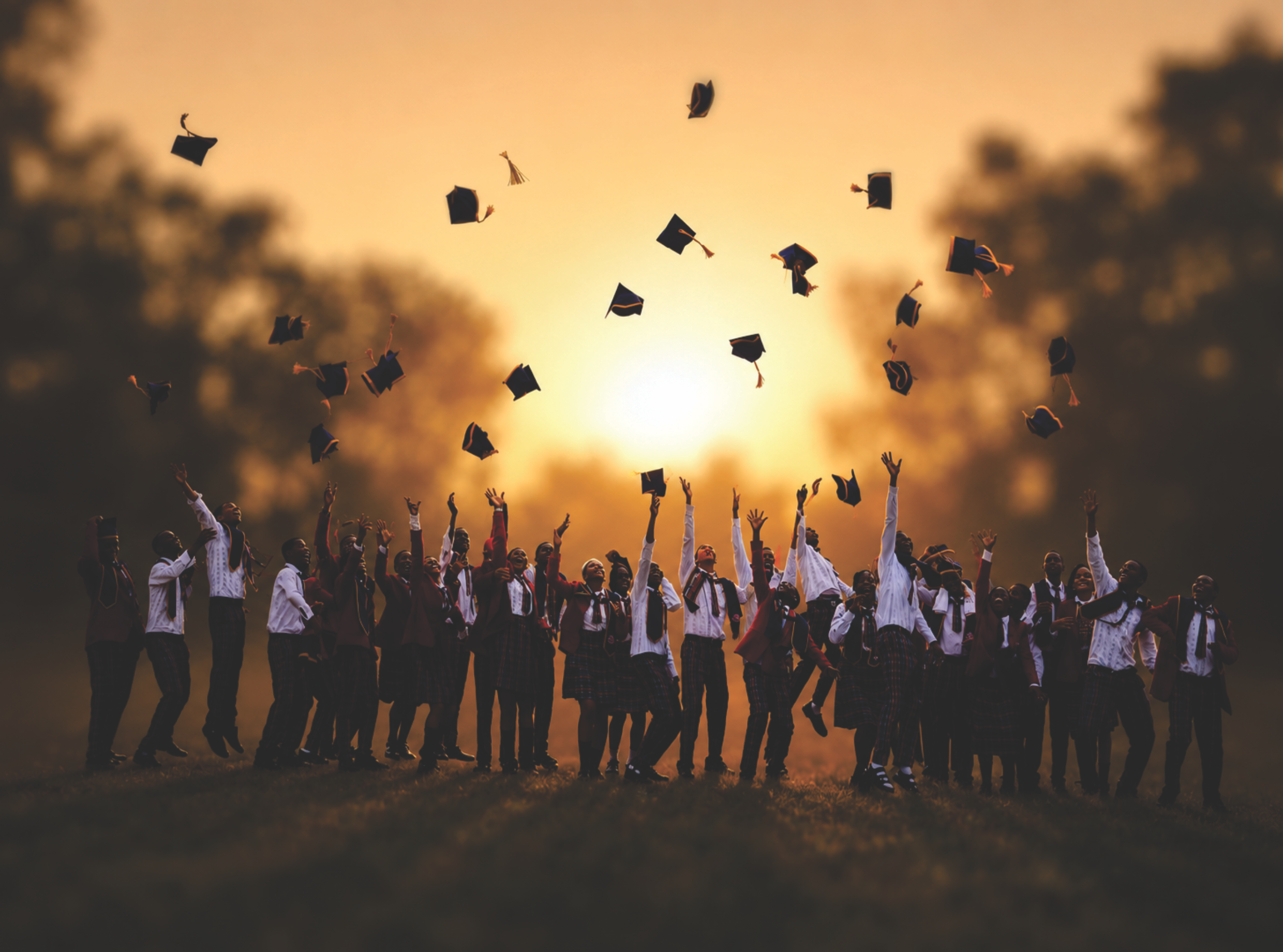 Graduating students of Holy Family College tossing their caps at sunset